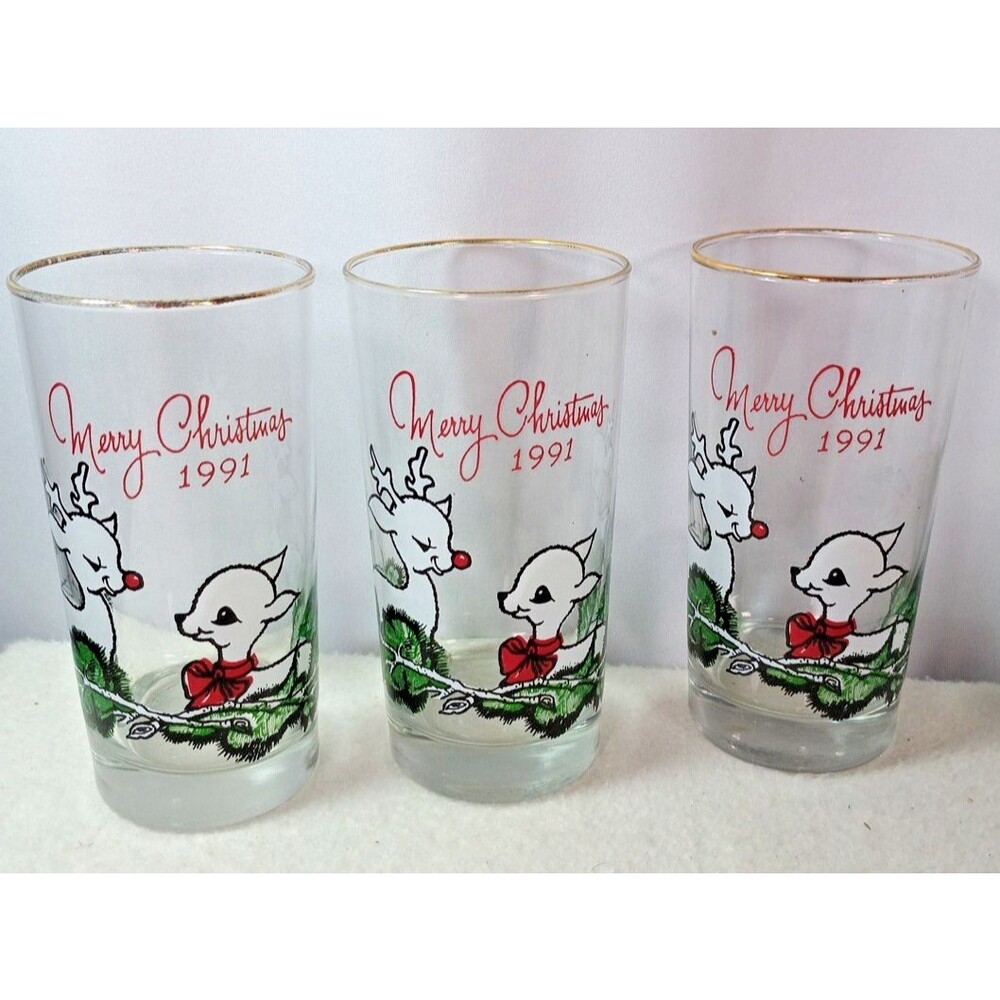 Vintage Merry Christmas 1991 Deer Glasses Set of 3 Gold Rim Holiday Tumblers